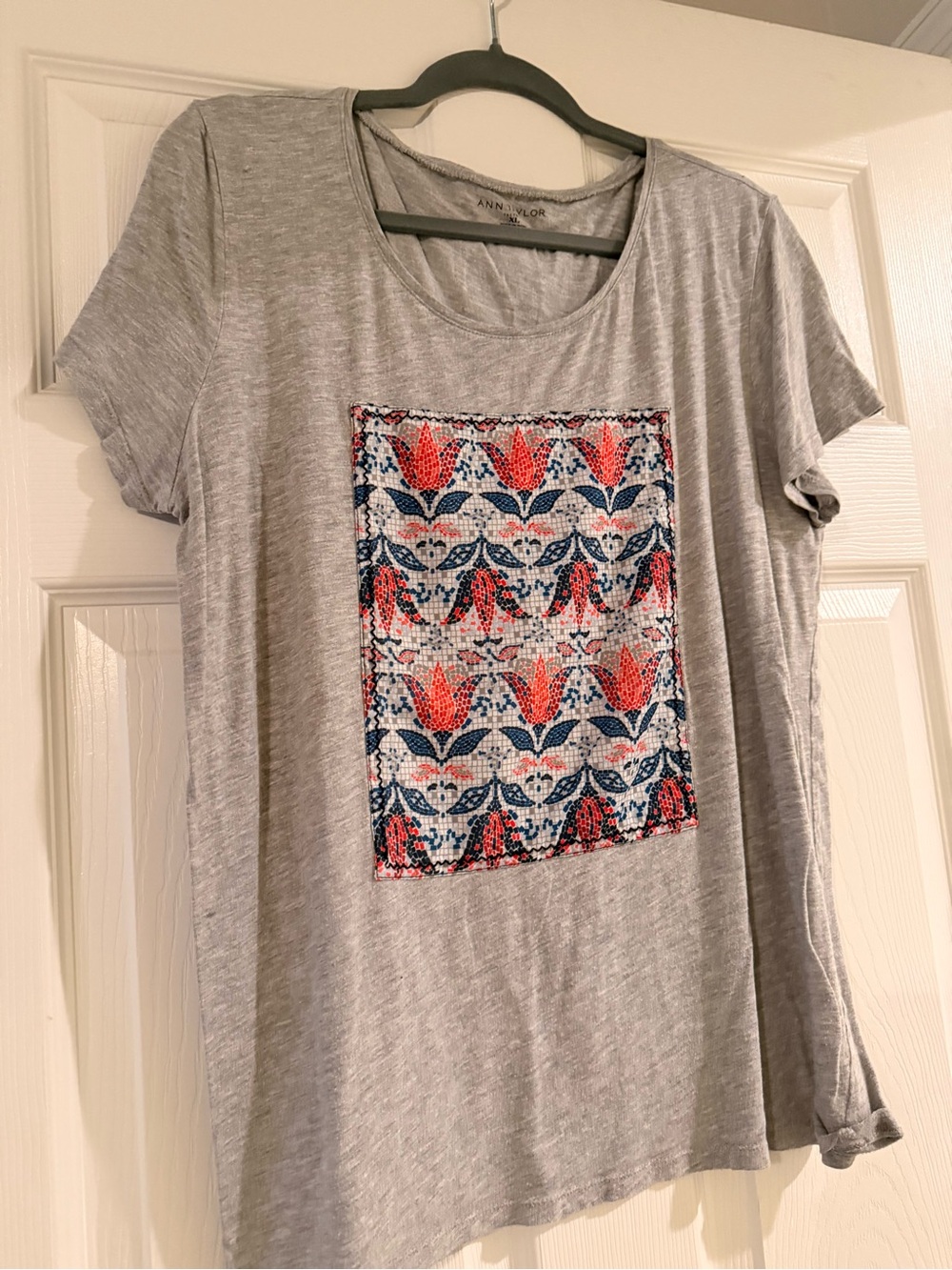Ann Taylor Gray Tee with Embroidered Floral Panel